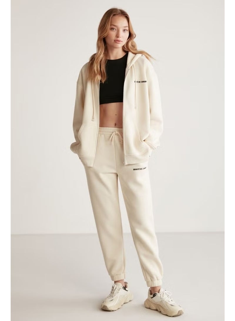 GRIMELANGE Ametis Women's Knitted Oversize Hooded Zippered Summer Detailed Vanilla Sweatshirt - Image 3